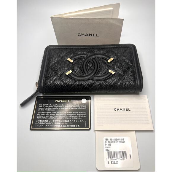 Authentic Black CHANEL Caviar Quilted Filigree Zip Around Wallet - Picture 1 of 8